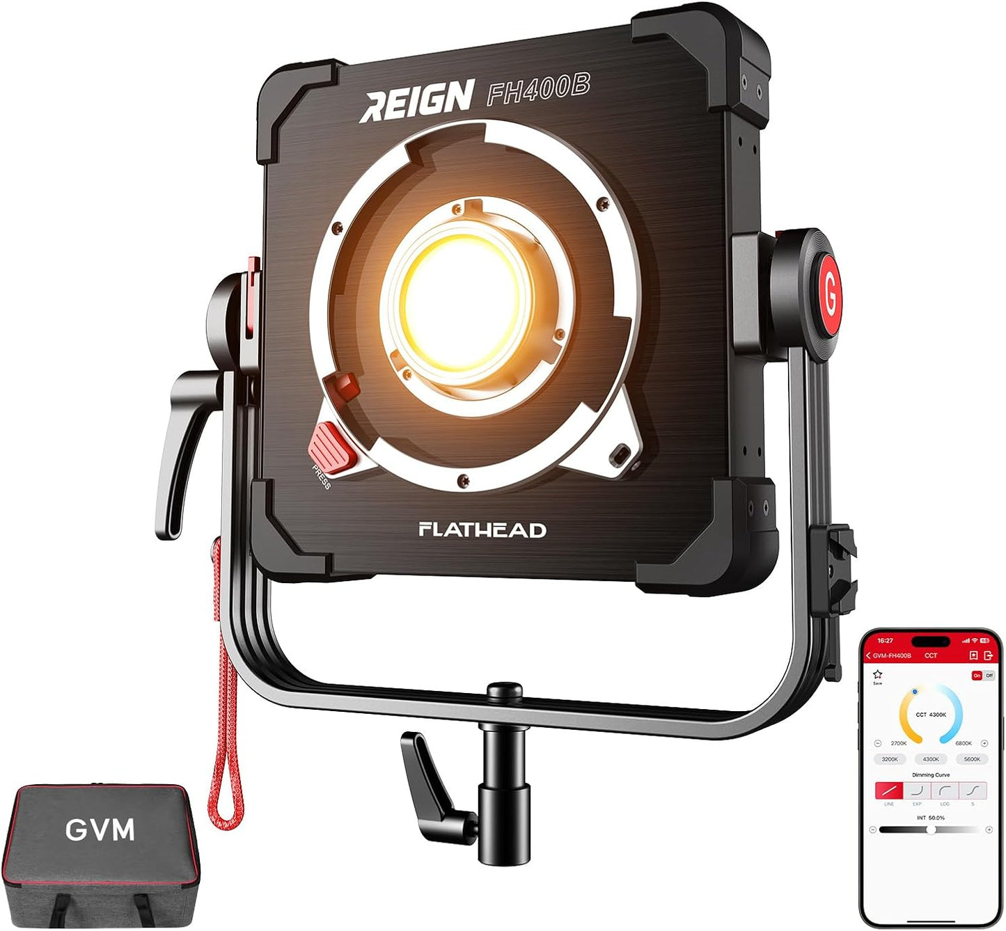 GVM 400W Bi-Color Video Light with 2700–6800K Range Delivers up to 68700lux/1m Studio Lights Photography Lighting Flathead Design Supports Stackable 4-6 Light arrays for scalable high-Output Systems
