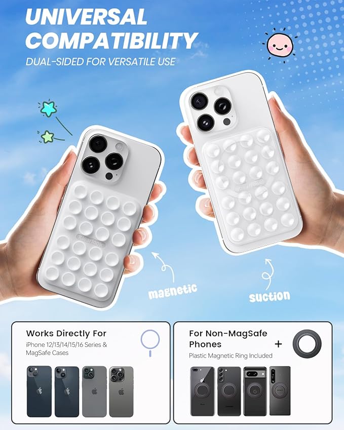 Klearlook 2Pack Magnetic Suction Phone Mount for MagSafe Case, Sticky Phone Grip Holder for iPhone, Removable Hands-Free Selfie/Video for TikTok Influencers, Women Girl Teen Gift, Transparent & White