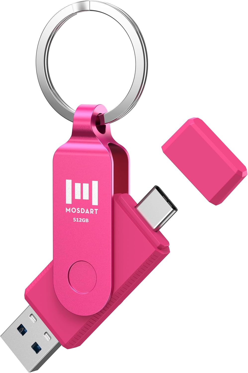 MOSDART 512GB USB3.1 Fast Speed C and A Dual Flash Drive, exFAT Memory Stick with Keychain and LED Indicator, for iPhone 15 and 16, Android Phone, iPad, MacBook, and Other Laptops, Hot Pink