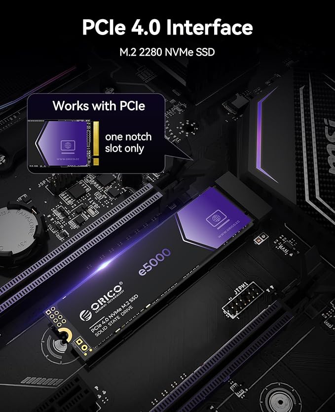 ORICO e5000 1TB SSD M.2 NVMe 2280 PCIe Gen4 5100MB/s Internal Solid State Drive SLC Dynamic Cache 3D NAND QLC for PS5 Laptops PC Desktops