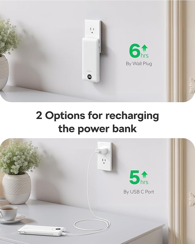 VEGER AC Wall Plug Portable Charger, 10000mah Slim Portable Charger Built in Cables, USB C Power Bank 15W Fast Charging, Travel Essential Battery Pack Compatible with iPhone, Android and More(White)