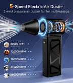 Compressed Air Duster, 360000 RPM Electric Air Duster, Rechargeable Cordless Air Blower Power Turbo Fan,5 Gears Adjustable Jet Dry Blower Replace Air Can for Keyboard Computer Car Outdoor Home