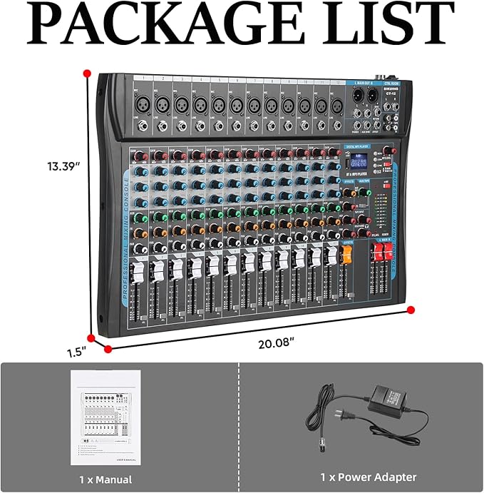 12 Channel Audio Interfacer Sound Board Mixer DJ Mixer 16-Bit DSP Effect USB Audio Mixer +48V Phantom Power Bluetooth Mixer for Karaoke Studio Streaming Recording,Live Streaming