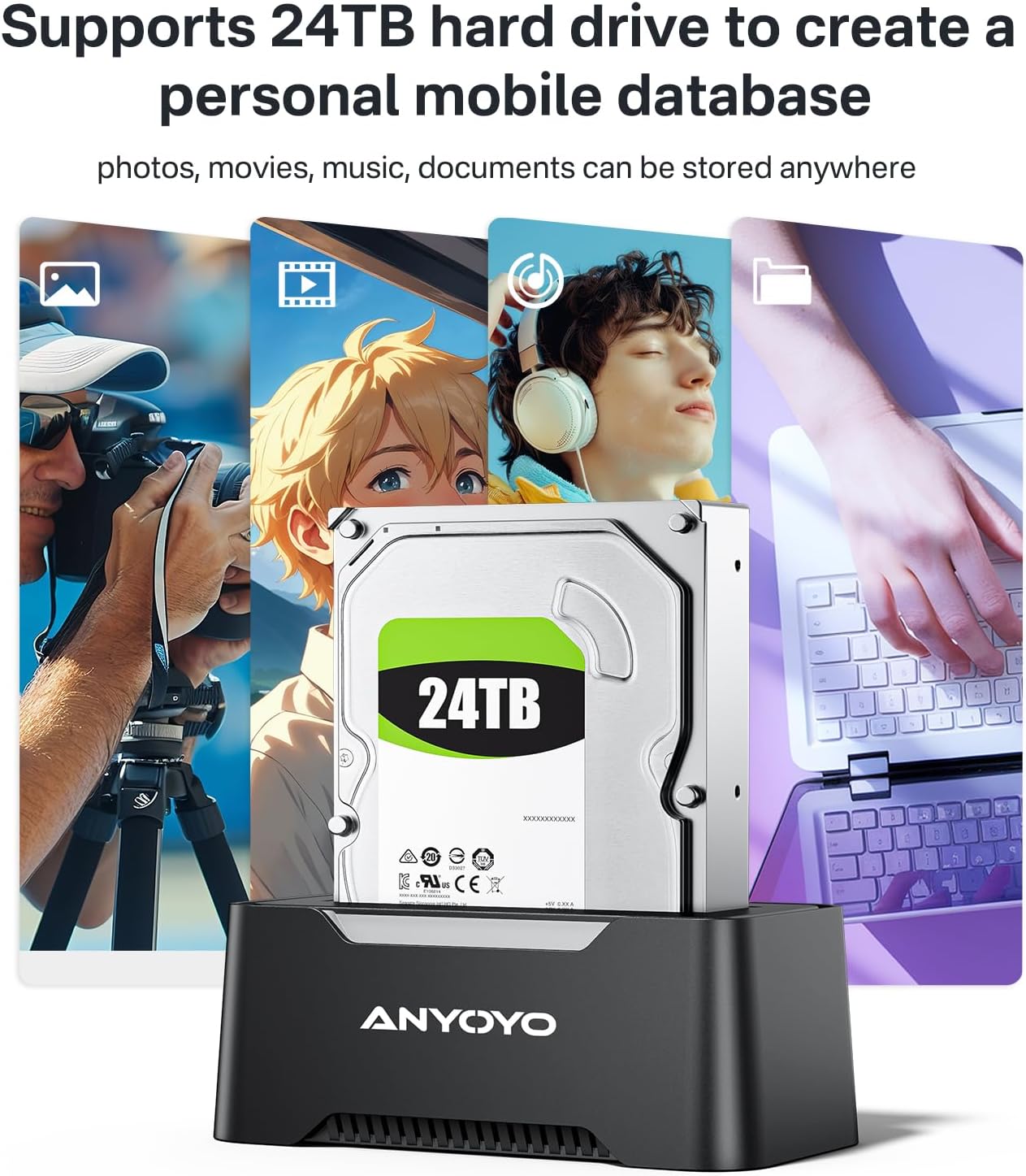 USB-C Hard Drive Docking Station, 2.5"/3.5" Inch SATA Enclosure with Cable, Speed up to 5Gbps, Tool-Free USB 3.0 to SATA External Hard Drive Dock with 12V/2A Power. Support up to 24TB