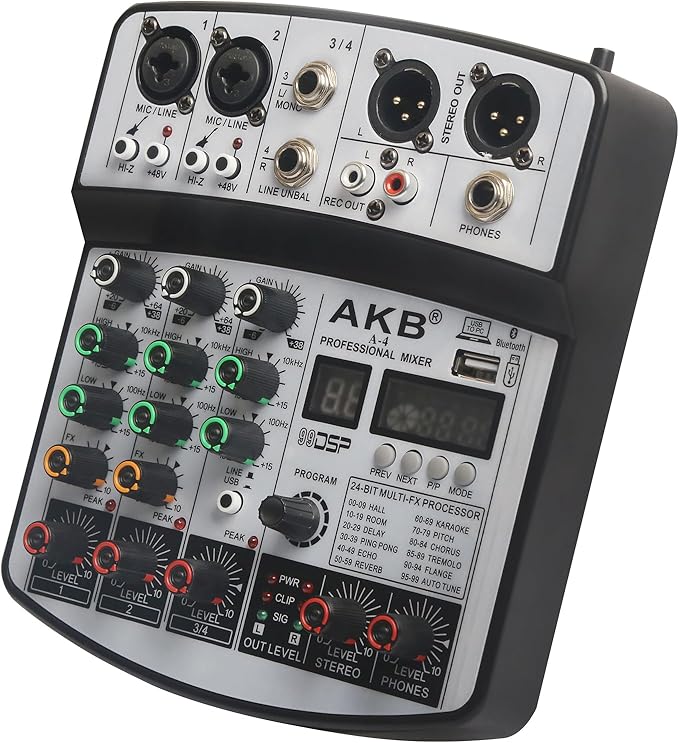 Dj Mixers 4 Channel Audio Mixer Sound Board with Bluetooth, Usb Audio Interface with 48V Phantom Power Sounds Mixer Board with 99 DSP FX Reverb Delay Effect