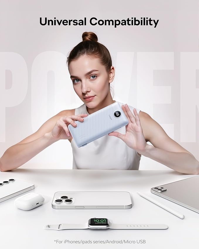 VEGER AC Wall Plug Portable Charger, 10000mah Slim Portable Charger Built in Cables, USB C Power Bank 15W Fast Charging, Travel Essential Battery Pack Compatible with iPhone, Android and More(White)