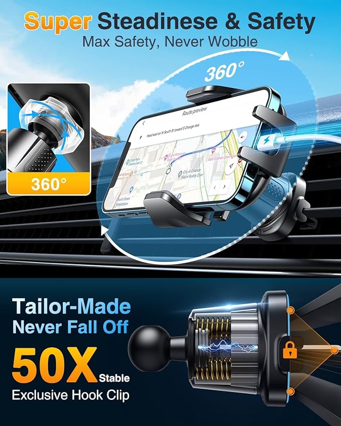 VANMASS Car Phone Holder Mount 2024 Upgraded [Patent Steel-Hook] Car Vent Phone Mount Clip Military-Grade Shockproof Cell Phone Car Mount Handsfree Truck Stand Vent Cradle for iPhone 15 Android,Grey