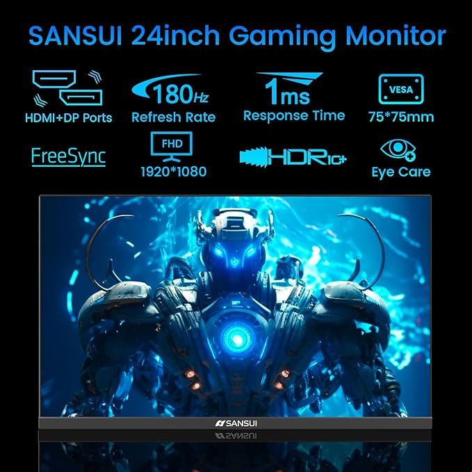 SANSUI 24 Inch Gaming Monitor 180Hz, DP 1.4 & HDMI 2.0 Ports High Refresh Rate Computer Monitor, Racing FPS RTS Modes, 1ms Response Time 110% sRGB (ES-G24F4, HDMI Cable Included)