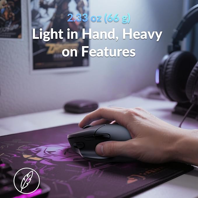 Keychron M7 8K Wireless Mouse, 30K DPI Optical Computer Mice, 2.4 GHz/Bluetooth/Wired with Macro Button 66g Lightweight Ergonomic, Up to 140 Hours Worktime for Laptop macOS/Windows - Black