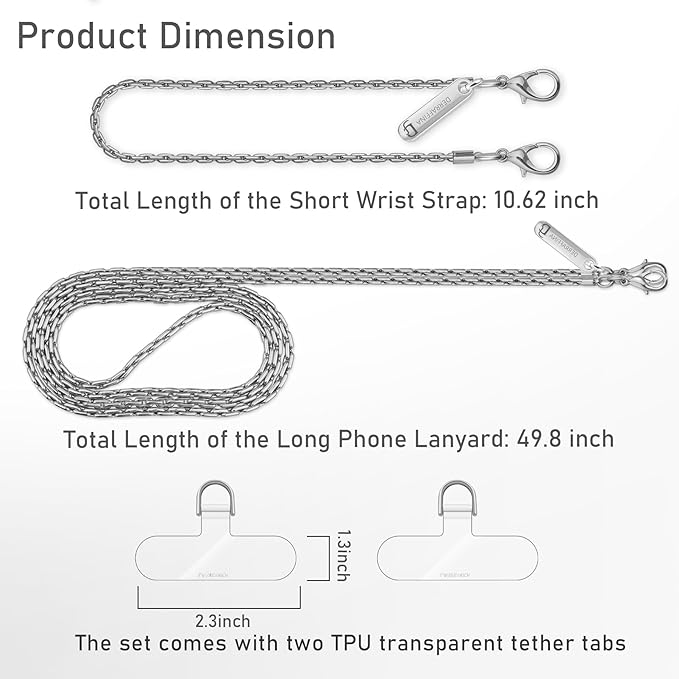 Metal Phone Chain, Crossbody Detachable Phone Lanyard with 1*Wrist Strap & 2* Tether Tabs for iPhone and Smartphones (Pale Silver,Extend)