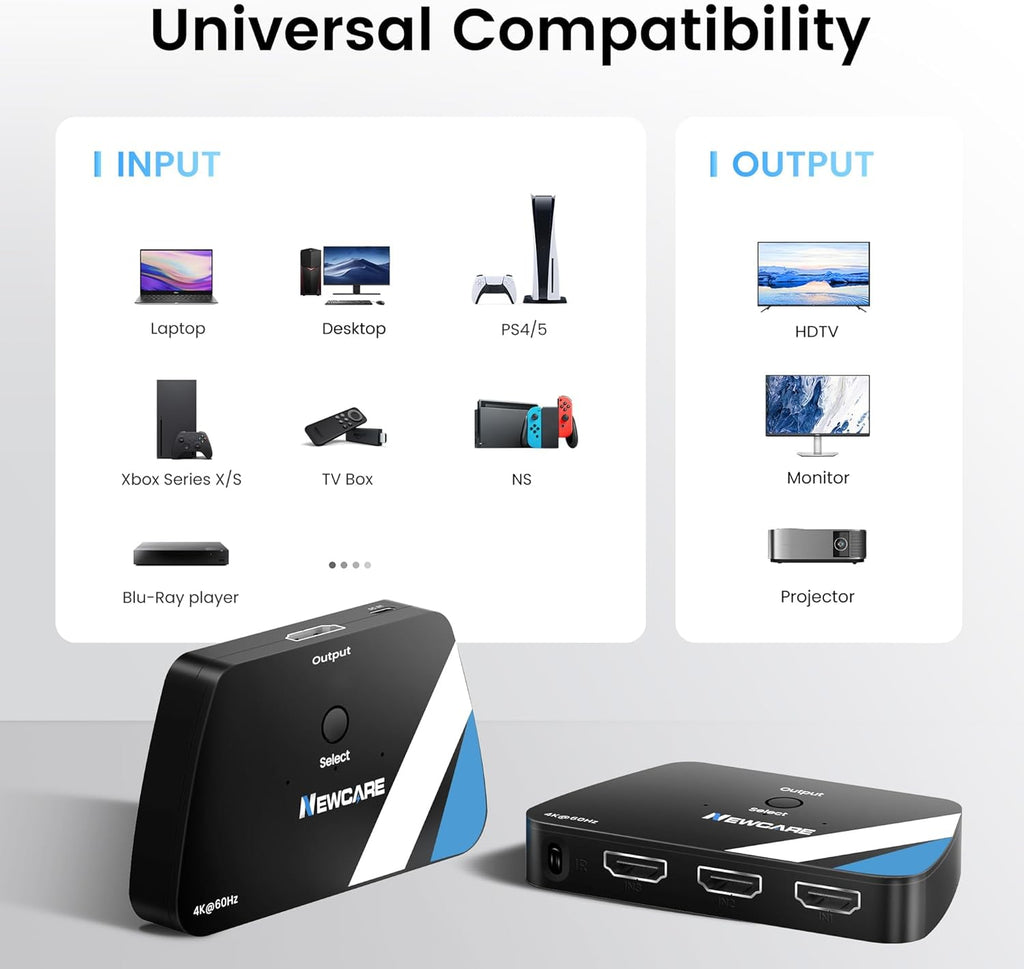 NEWCARE 8K HDMI Switch 3 in 1 Out, HDMI 2.1 Switch with Remote, HDMI Splitter 4K@120Hz Support 8K@60Hz HDCP2.3 HDR10+ VRR ALLM Dolby, HDMI Switcher Compatible with TV PS5/4 Xbox Laptops PC Projector