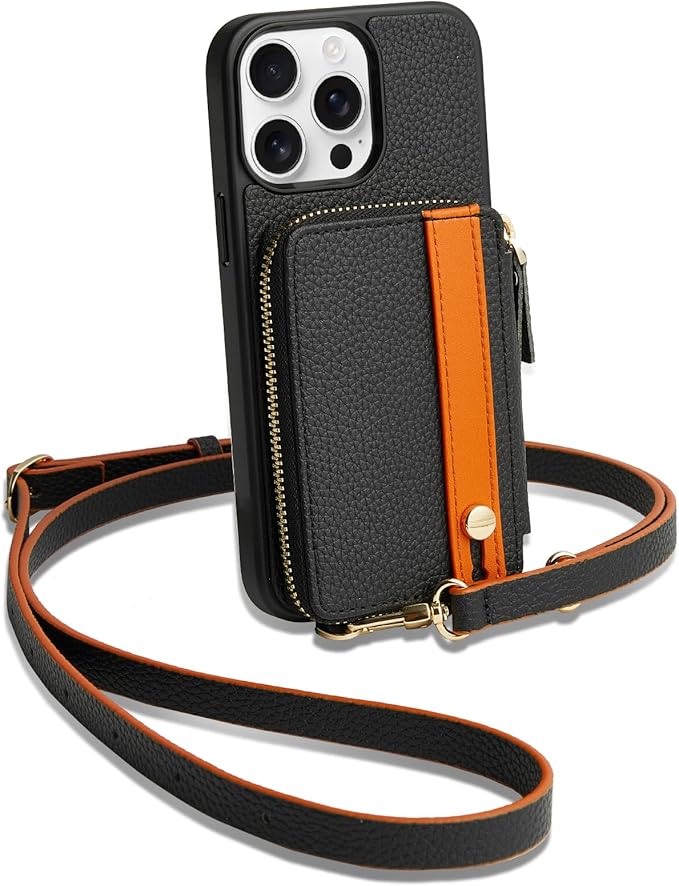 LAMEEKU for iPhone 15 Pro Max Wallet Case with Card Holder, Zipper Leather Crossbody Case with Kickstand Wrist Strap Lanyard for Women, Cover Phone Grip Holder Stand 6.7" -Black