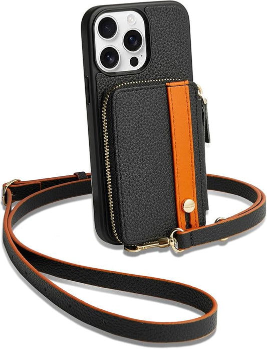 LAMEEKU for iPhone 15 Pro Wallet Case with Card Holder, Zipper Leather Crossbody Case with Kickstand Wrist Strap Lanyard for Women, Protective Cover with Phone Grip Holder Stand 5G 6.1 inch Black