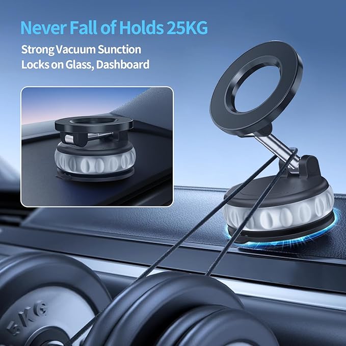 Vacuum Suction Magnetic Phone Holder, 2025 Upgraded Foldable Retractable Magnet Suction Cup Phone Mount for Car, 360° Adjustable Magnetic Phone Stand for Cars/Gyms/Mirrors/Smooth Surface