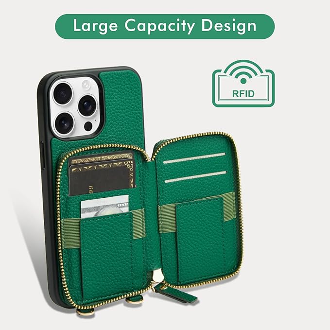 LAMEEKU for iPhone 15 Pro Max Wallet Case, Zipper Leather Card Slots Crossbody Case with Phone Grip Holder Stand Wrist Strap Lanyard for Women for iPhone 15 Pro Max 6.7 inch Dark Green