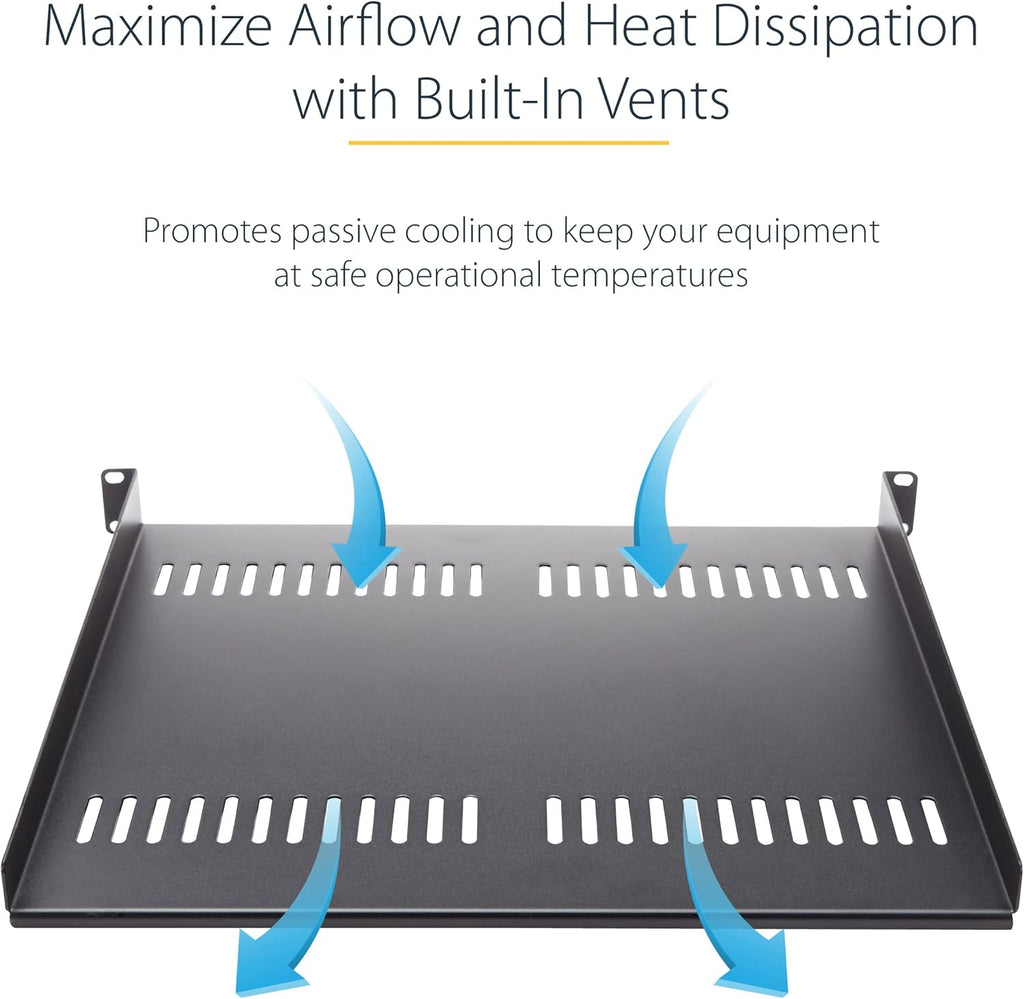 StarTech.com 2U Server Rack Shelf - Universal Vented Rack Mount Cantilever Tray for 19" Network Equipment Rack & Cabinet - Heavy Duty Steel - Weight Capacity 50lb/23kg - 16" Deep Shelf, TAA
