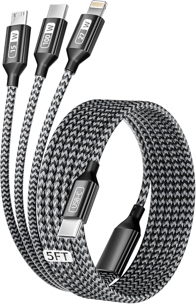 100W USB C Cable, Multi Charging Cable Fast Charging 5FT, 3 in 1 USB C Charger Cable with E-Mark Chip, Multi Charger Cord with Type-C, Micro USB, IP Port for iPhone16/15/MacBook/iPad/Samsung (1Pack)