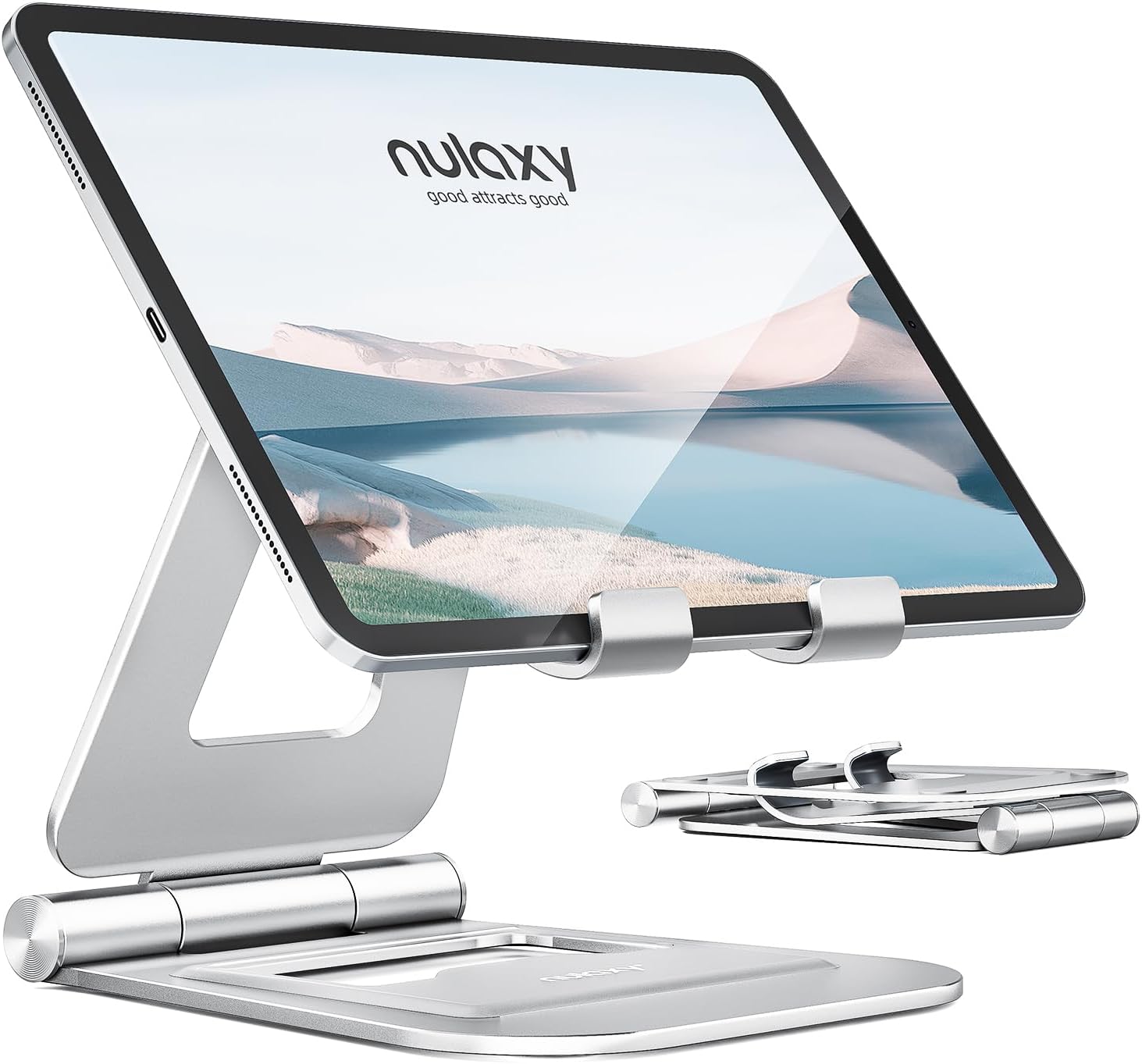 Nulaxy Aluminum Dual Foldable iPad Stand, Fully Adjustable Desktop Tablet Holder, Tablet Accessories for Office Kindle Compatible with Mobile Devices iPad Pro/Air/Mini, iPhone Pro/Max/Plus, Silver
