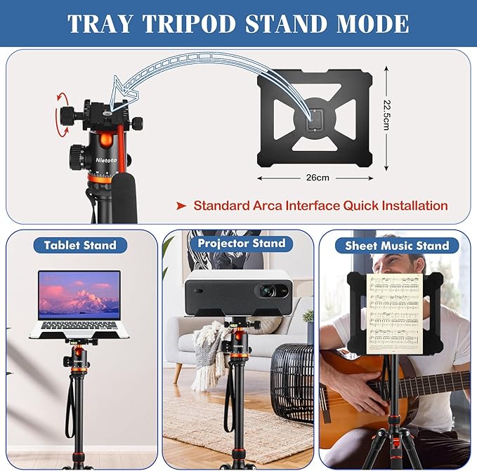 Camera Tripods & Projector Stand, 2 in1 Tripod for Camera with Removable Metal Tray, Heavy Duty Tripod for DSLR. Projector. Sheet Music and Tablet, Extra Metal Spikes and Carry Bag