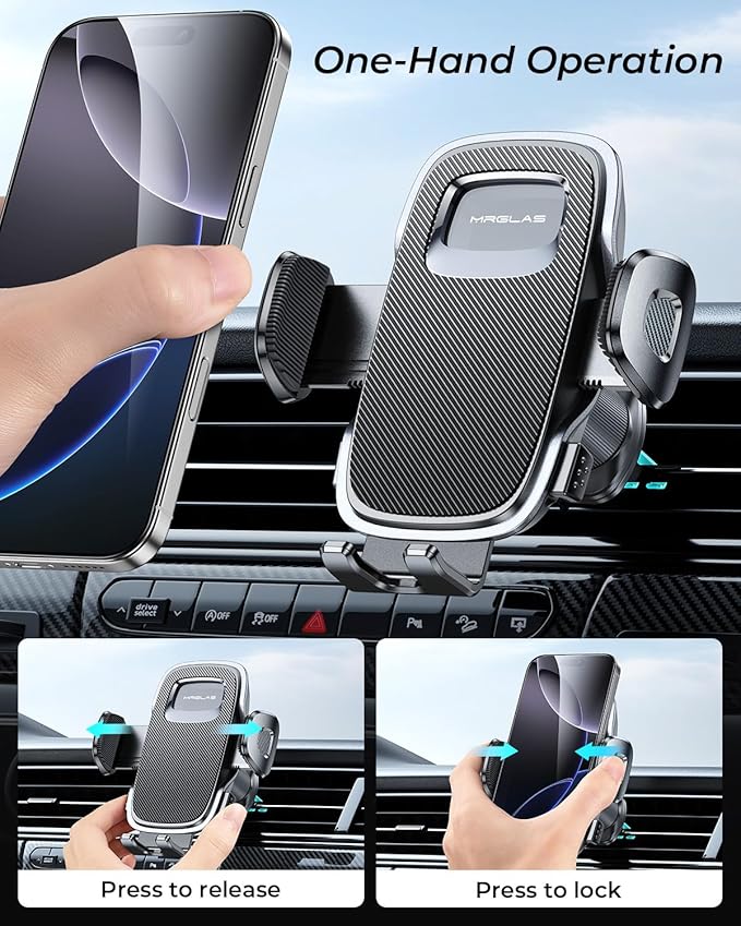 MRGLAS 2025 Upgraded Phone Holders for Your Car with New Metal Hook Clip, Handy Air Vent Cell Phone Car Mount [One Hand Operation], Universal Automobile Cradle for iPhone Android and All Smartphones