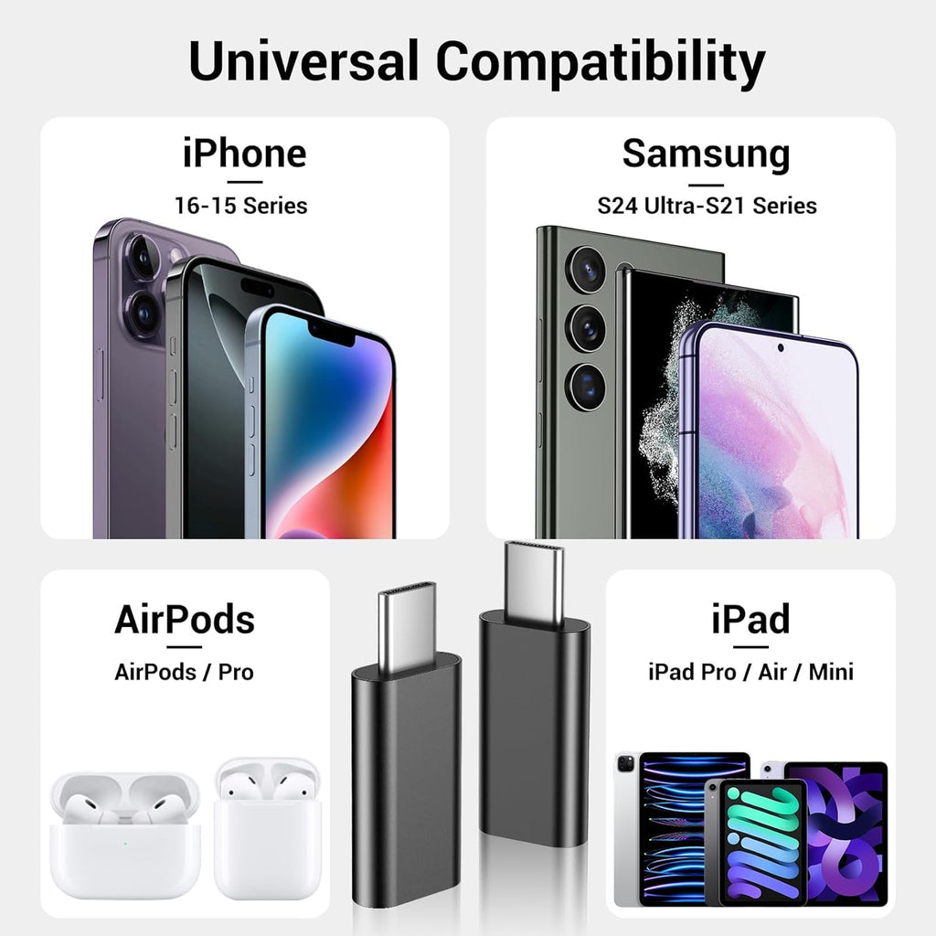 Temdan 4 Pack Lightning to USB C Adapter for iPhone 15/16 Pro/16 Pro Max/Plus,Samsung S25/S24,USB C Charger Connector Cable,for iPhone 16/15 Charger,16/15 Accessories - Black(Not for Audio/OTG)