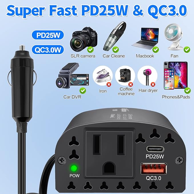 150W Car Power Inverter DC 12V to 110V AC Car Outlet Adapter with PD 25W &QC3.0 USB Ports Laptop Car Charger