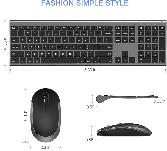 Wireless Keyboard and Mouse, Vssoplor Rechargeable Quiet Full-Size Keyboard and Mouse Combo Set Ultra Slim Design for Laptop, PC, Notebook, Desktop-Dark Gray