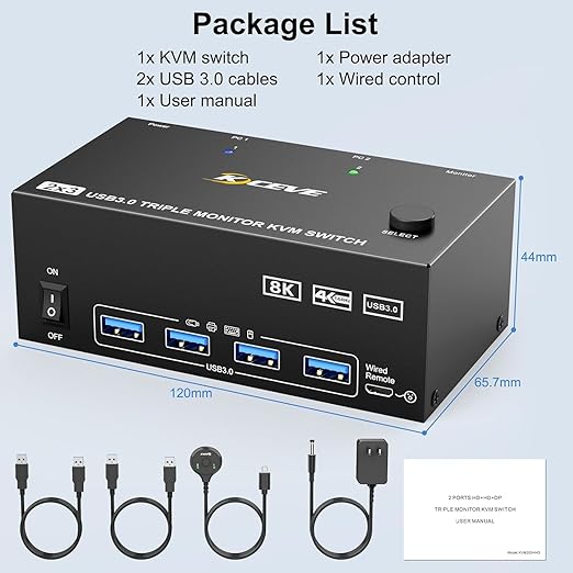 HDMI Displayport KVM Switch 3 Monitors 2 Computers 8K@60Hz/4K@144Hz, USB3.0 KVM Switches for 2 PC Sharing Triple Monitor and Keyboard Mouse with Power Adapter,Wired Extend Controller and USB3.0 Cables
