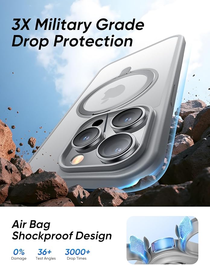 MAGIC JOHN 360° Rotatable Magnetic Invisible Stand for iPhone 15 Pro Max Case [Anti-Slip Grip] [Compatible with MagSafe] 16FT Shockproof for iPhone 15 Pro Max Case with Kickstand, Gray