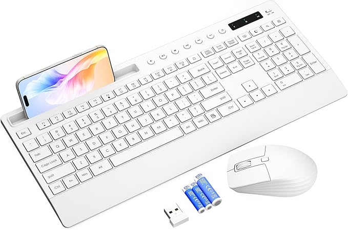 White Wireless Keyboard and Mouse Combo - Full-Size Quiet Keyboards with Palm Rest, Phone Holder, Multimedia Keys, Batteries Included, Office Key Board Compatible with Windows, PC, Laptop - Trueque