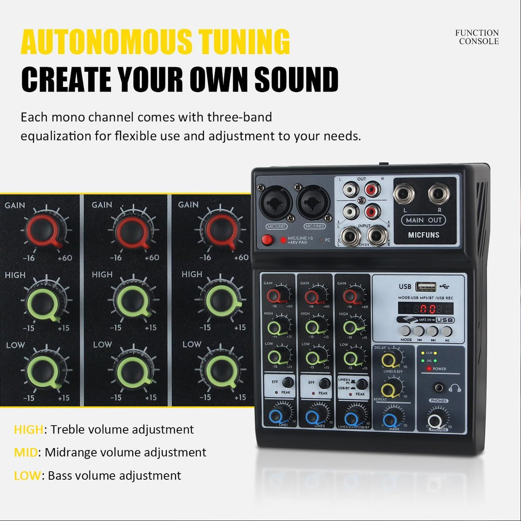 Mini audio audio mixers DJ mixer Sound Board Console System,4 Channel 48V Phantom Power with Bluetooth USB MP3 Stereo live DJ Studio Streaming for professional recording party KTV stage