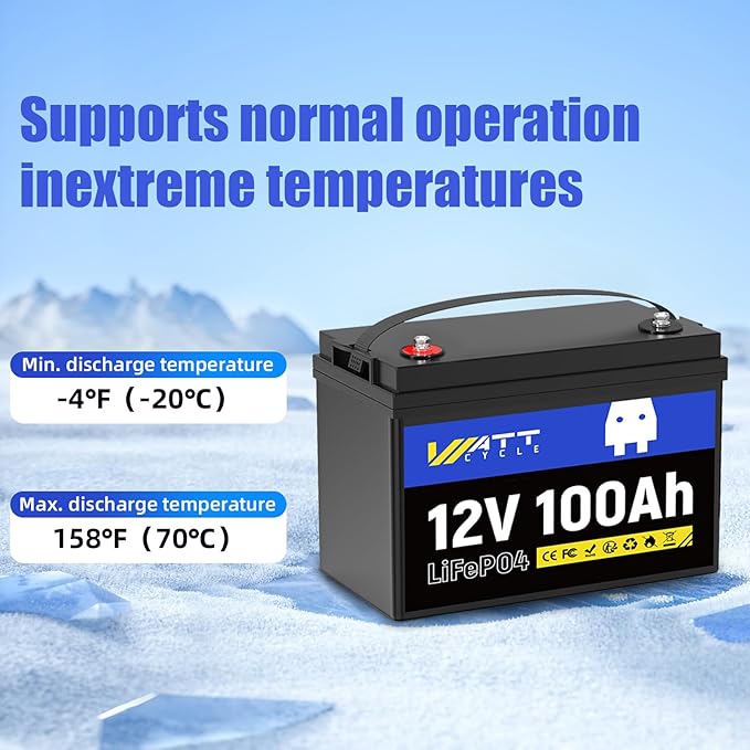 12V 100Ah LiFePO4 Battery, Lithium Battery Up to 15000 Cycles, Low Temperature Protection, 10 Years Lifespan, Perfect for RV/Outdoor Camping/Home Energy Storage（BCI Group 24）