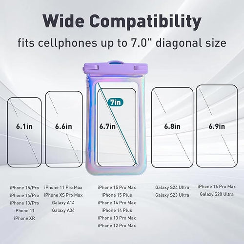 1 Pack Iridescent Waterproof Phone Pouch Compatible with iPhone 12/13/14/15/16 Pro Max, Beach Essentials IP68 Waterproof Dry Bag with Crossbody Lanyard, Purple - 7″