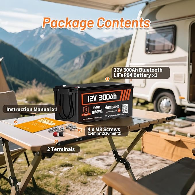 12V 300Ah LiFePO4 Lithium Battery with Bluetooth APP Monitoring, Max. 3840Wh, 15000+ Deep Cycles, 100A BMS, Low-Temp Cutoff – for RV, Solar, Marine, Off-Grid, Home Energy Storage