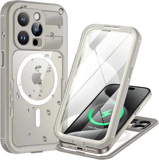 Lanhiem Magnetic for iPhone 15 Pro Max Case, IP68 Waterproof Dustproof Case, [Compatible with Magsafe] [Built-in Screen Protector] Full Body Heavy Duty Rugged Phone Cover 6.7 inch, Natural