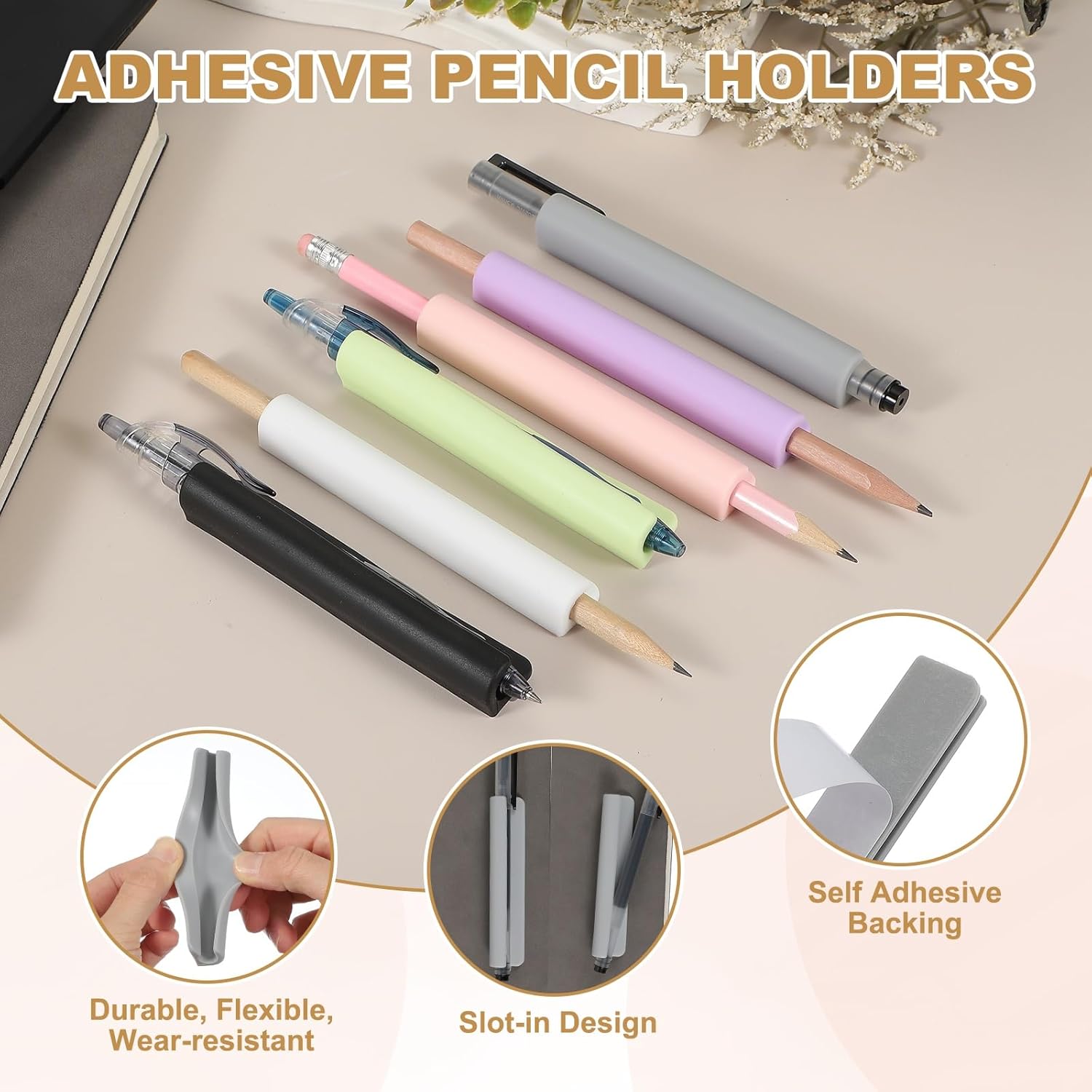 PATIKIL 2 Pcs Adhesive Pencil Holders, 105mm Long Universal Pencil Clip Silicone Pen Holder Office Pen Organizer for Desk Wall Clipboard Notebook Tablet Case Stylus, Grey