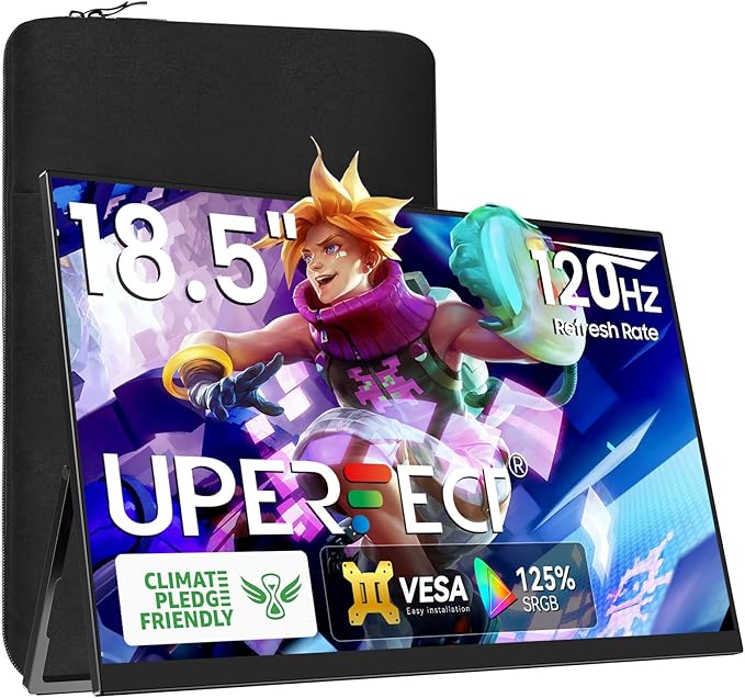 UPERFECT Portable Monitor 18.5-inch 120HZ 100% sRGB 1080P w/VESA & Stand 180° Adjustable Ultra-Slim & Lightweight Frameless FHD FreeSync IPS HDR Gaming Display, Travel Second Monitor for Laptop