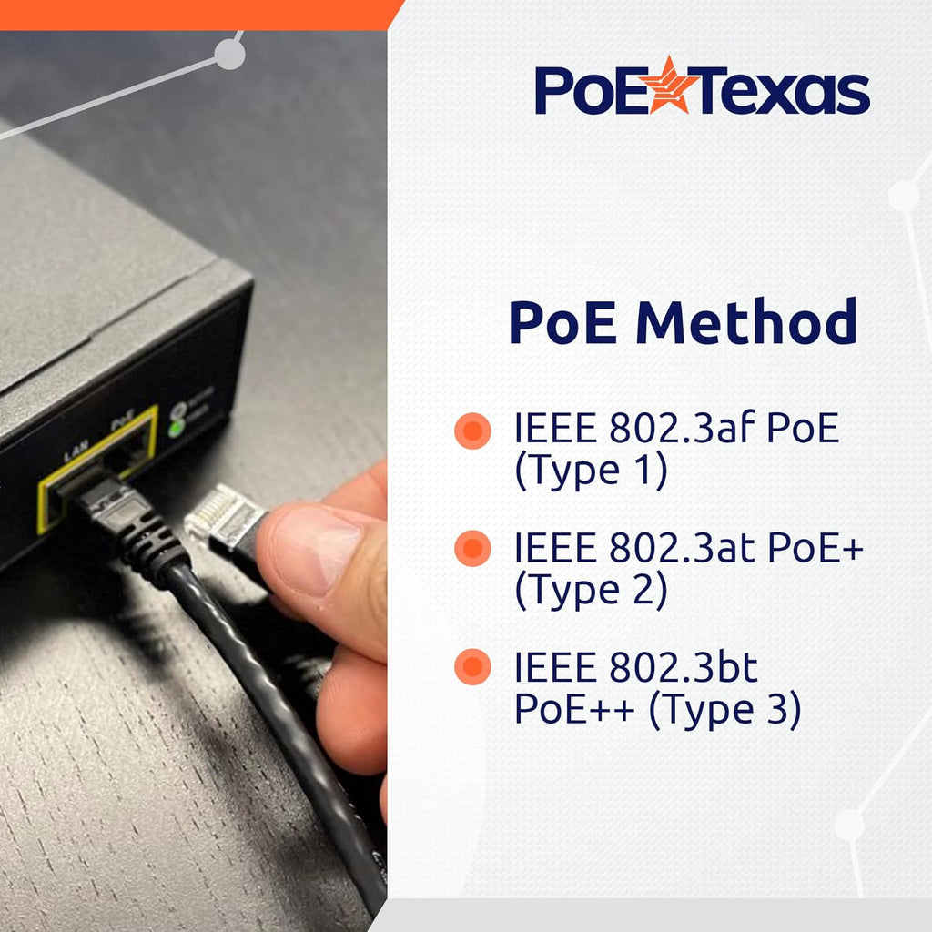 Poe Texas PoE Injector - 802.3bt PoE++ Single Port Power Over Ethernet Injector - Active PoE Adapter with 55V 95W Output - 10/100/1000 Gigabit Data - Mode A/B Wall Mount Plug & Play