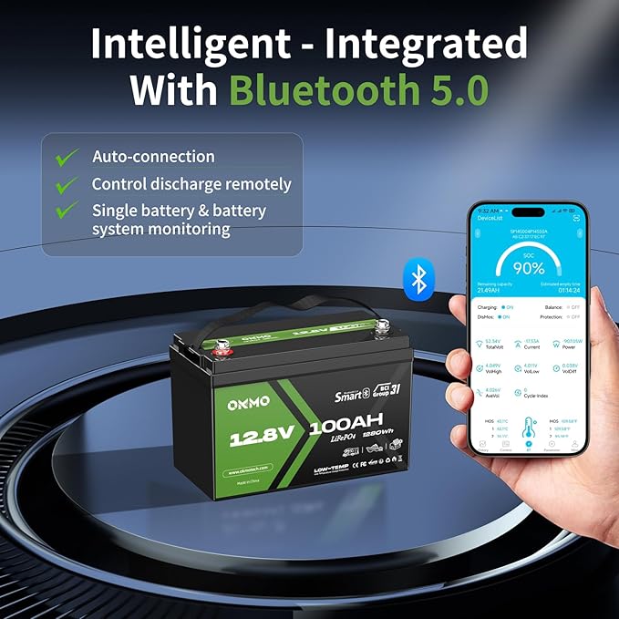 12V 100Ah LiFePO4 Lithium Battery with Bluetooth, Group 31, Built-in 100A BMS,15000+ Deep Cycles, Lightweight Rechargeable Battery for RV, Solar, Marine, Trolling Motor, Home, Off-Grid