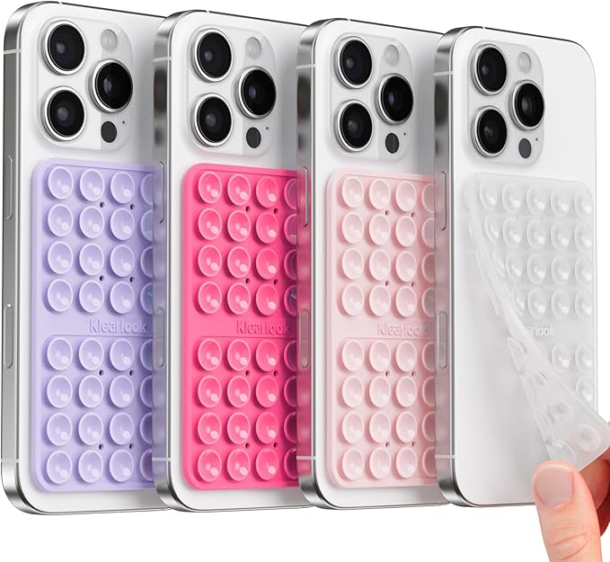 Klearlook 4Pack Silicone Suction Cup Phone Case Mount Double Sided, Sticky Phone Grip for Cell Phone, Hands-Free Phone Accessories for Selfies and Videos, Clear & Light Pink & Hot Pink & Lavender