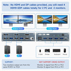 HDMI Displayport Hybird KVM Switch 2 Monitors 2 Computers 8K@60Hz 4K@144Hz, Aluminum Dual Monitor KVM Switches for 2 PC Share 2 Monitor and 4 USB Devices, Support Extended/Copy Mode,Cables Included