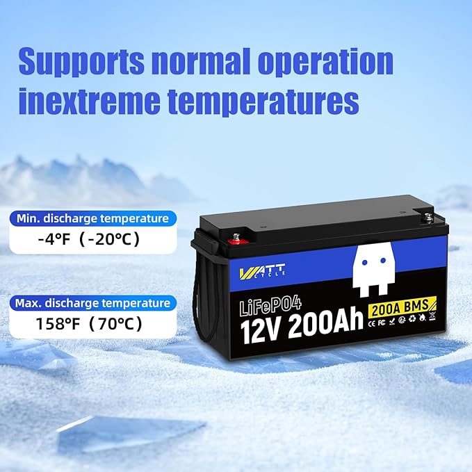 12.8V 200Ah LiFePO4 Lithium Battery 1 Pack - 15000+ Cycle Life, Integrated 200A BMS, Extreme Temperature Resilience - Perfect for RV, Camping, and Home Energy Storage.