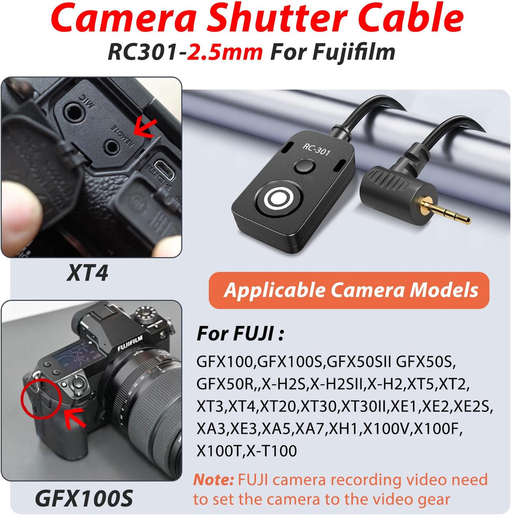 for Canon/Fuji RC301-2.5mm Remote Camera Small Shutter Release Remote Control 196.8 "Extended Cable R50V R100 R6 R8 R10 80D XT2/3/4/5 XH2S GFX100/S GFX50/S/II (RC301-2.5/E3 196.8in/5m)
