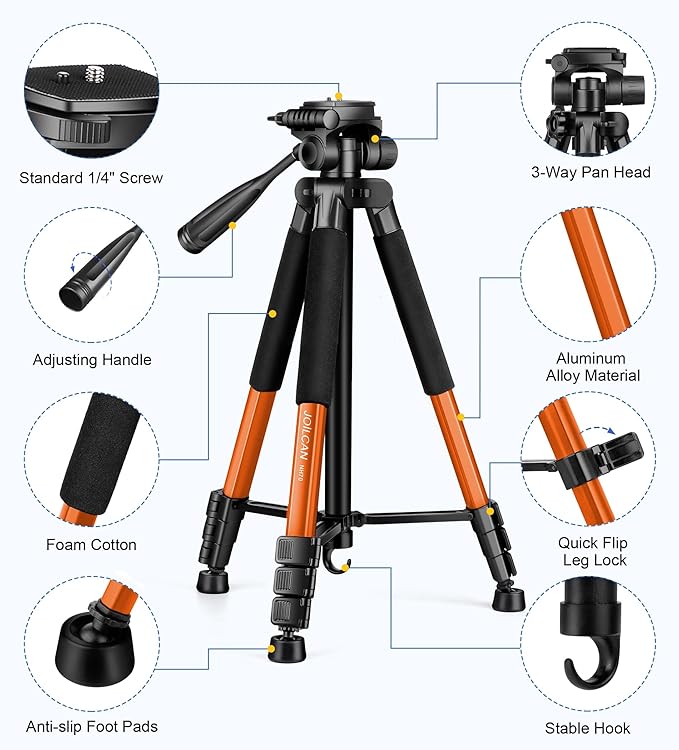 JOILCAN Tripod for Camera, 67" Heavy Duty Camera Tripod, Phone Tripods for Video Recording Photo Vlog, Aluminum Tripods with Holder & Travel Bag for Cameras DSLR iPhone Projector Laser
