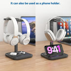 KDD Dual Headphone Stand for Desk - Rotatable Headset Hanger with Phone Holder - Removable Non-Slip Base for Gamers Desktop Accessories