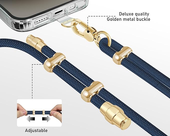 Cell Phone Lanyard Adjustable Crossbody Phone Lanyard *1 Phone Wrist Strap *1 with Deluxe Gold Matal Buckle + Clear Tether Tabs *2 for Shopping Travelling Hiking(Dark Blue)