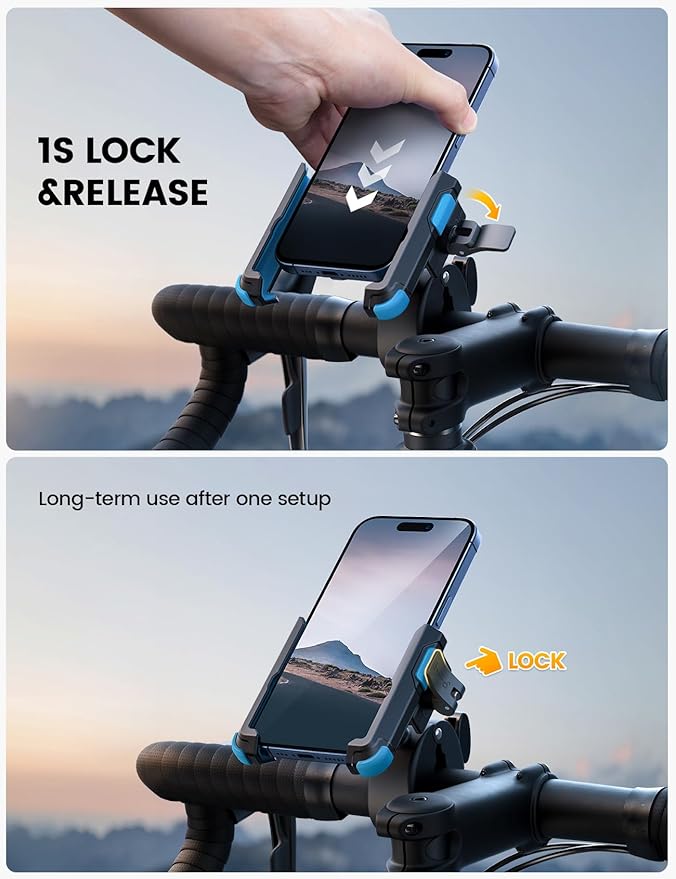 Lamicall Motorcycle Phone Mount Holder - [Camera Friendly] [1s Lock] Bike Phone Holder Handlebar Clamp, Bicycle Scooter Phone Clip, for iPhone 16 Pro Max, 15 14 13, Galaxy S25, 4.7-7" Phones, Blue