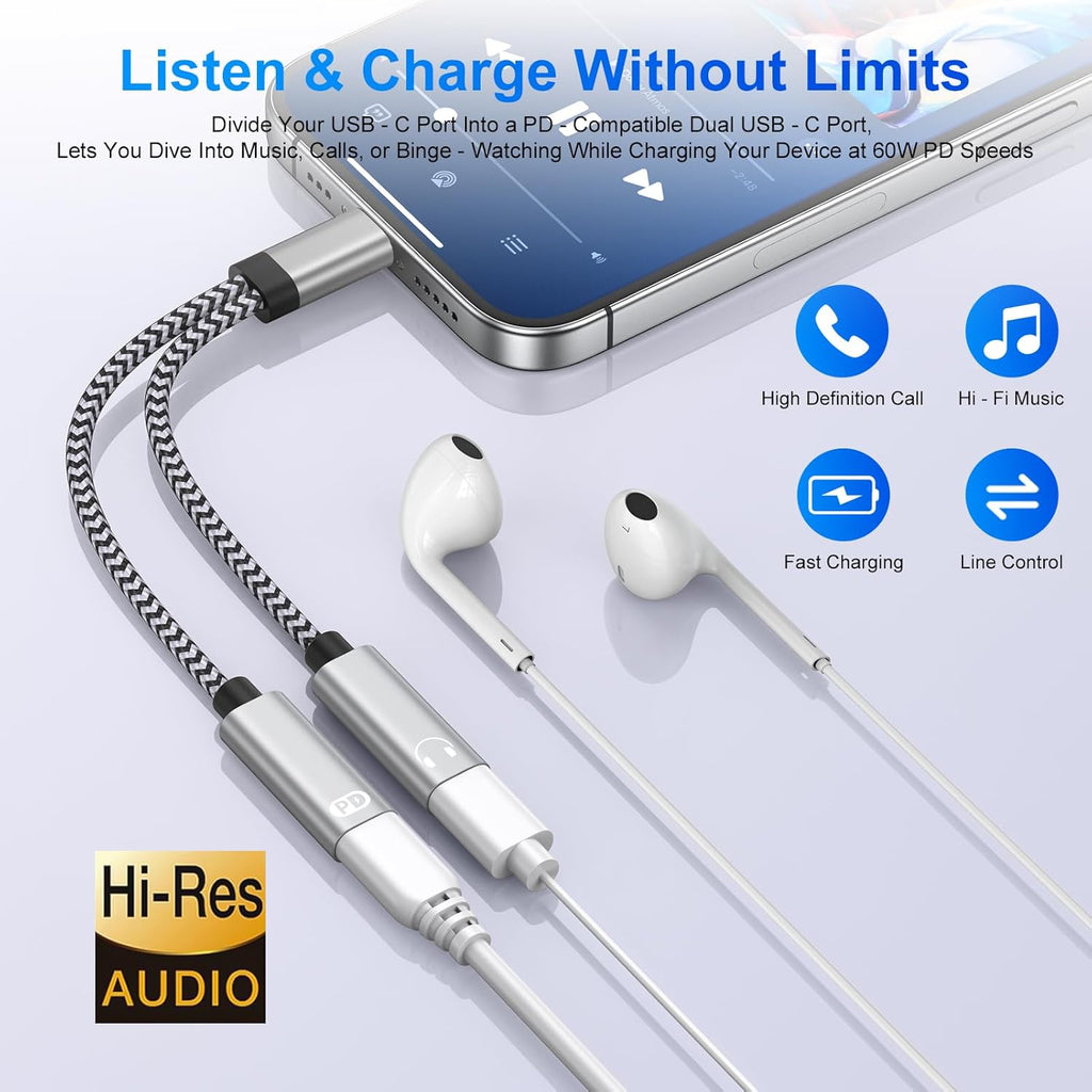 USB C Splitter,Dual USB C Headphone and Charger Adapter for Samsung Galaxy S25 Edge S24 S23 S22 S21 A17 A16 A15 2in1 Type C to Audio Jack Adapter with PD Fast Charging for iPhone 17 16 15 Pro Max 16e