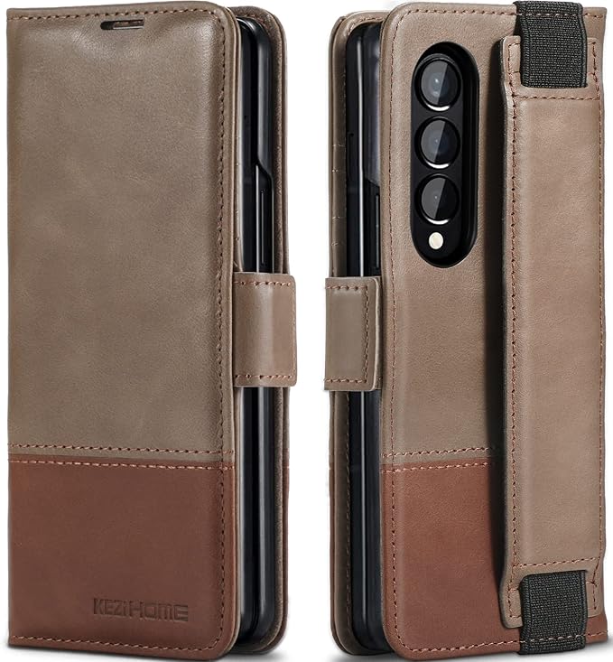 KEZiHOME Genuine Leather Wallet Case for Samsung Galaxy Z Fold 4 [RFID Blocking] with Card Holder Kickstand Book Flip Folio Case - Gray/Brown