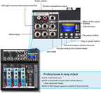 Depusheng HT4 Bluetooth Compatible Professional Portable Digital DJ Console w/USB 4 Channel Mixer Audio Interface-Mixing Boards For Studio Recording, Black
